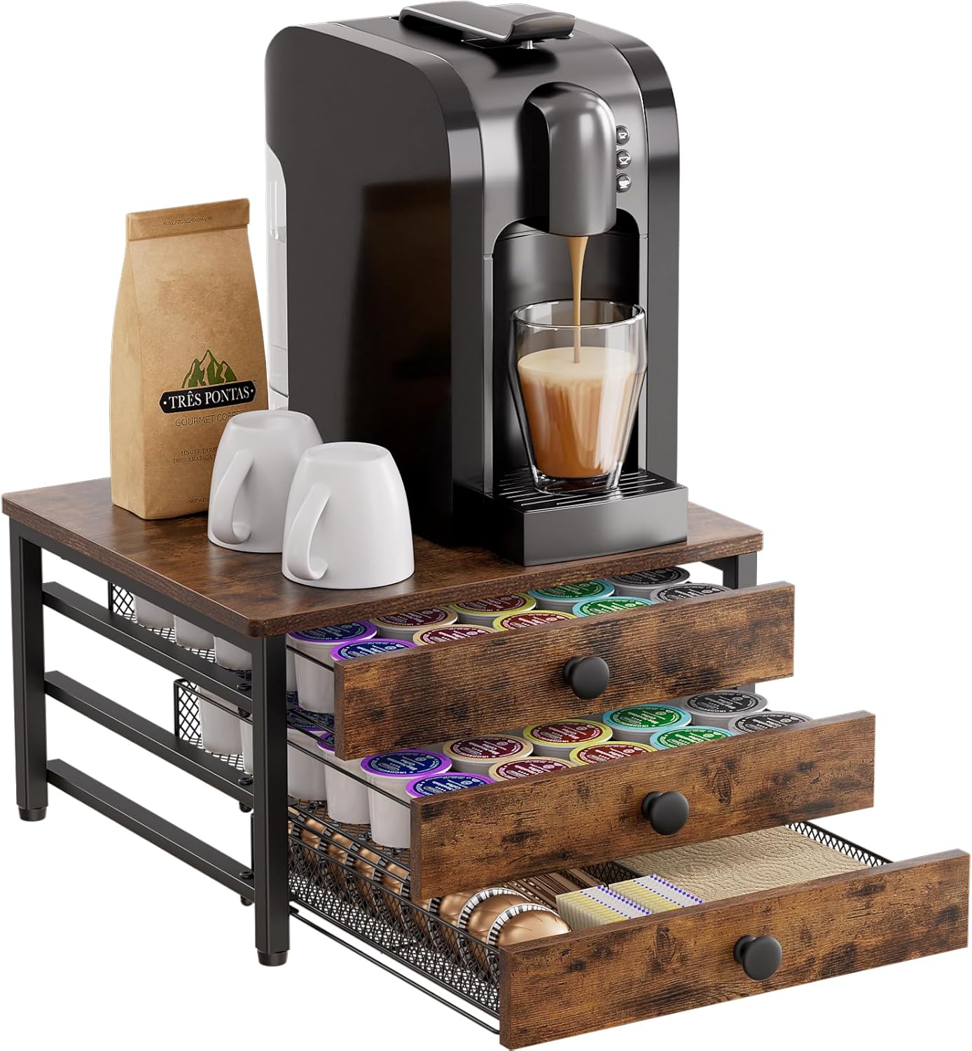 Coffee Pod Holder for Counter, 3 Tier Coffee Pod Drawer for K Cup Capsules, 60 Capacity Pods Storage Organizer Cups Capsule with Sliding Baskets for Coffee Bar, Kitchen