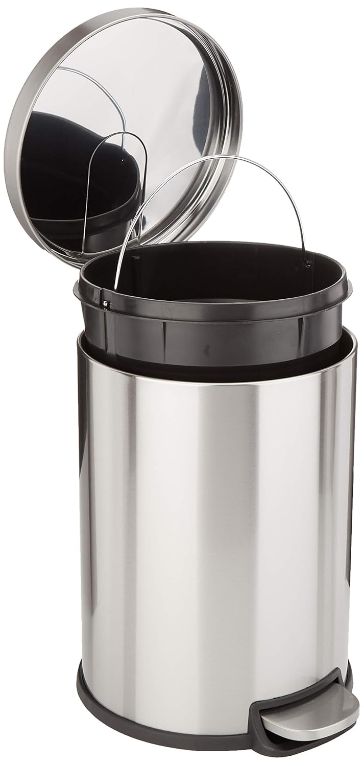 Amazon Basics Round Cylindrical Home Office Trash Can With Soft-Close Foot Pedal, 20 l \/5.3 gallon, Brushed Stainless Steel