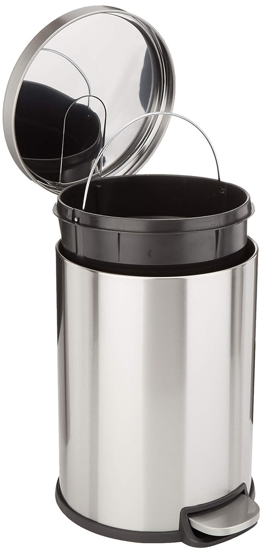 Amazon Basics Round Cylindrical Home Office Trash Can With Soft-Close Foot Pedal, 20 l \/5.3 gallon, Brushed Stainless Steel