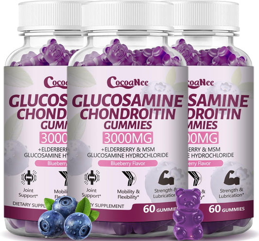 CocoaNee 3 Packs 3000MG Glucosamine Chondroitin Gummies, Extra Strength Joint Support Supplement with MSM & Elderberry, Flexibility, Antioxidant Immune Support Gummy for Adults, Men & Women 180Cts
