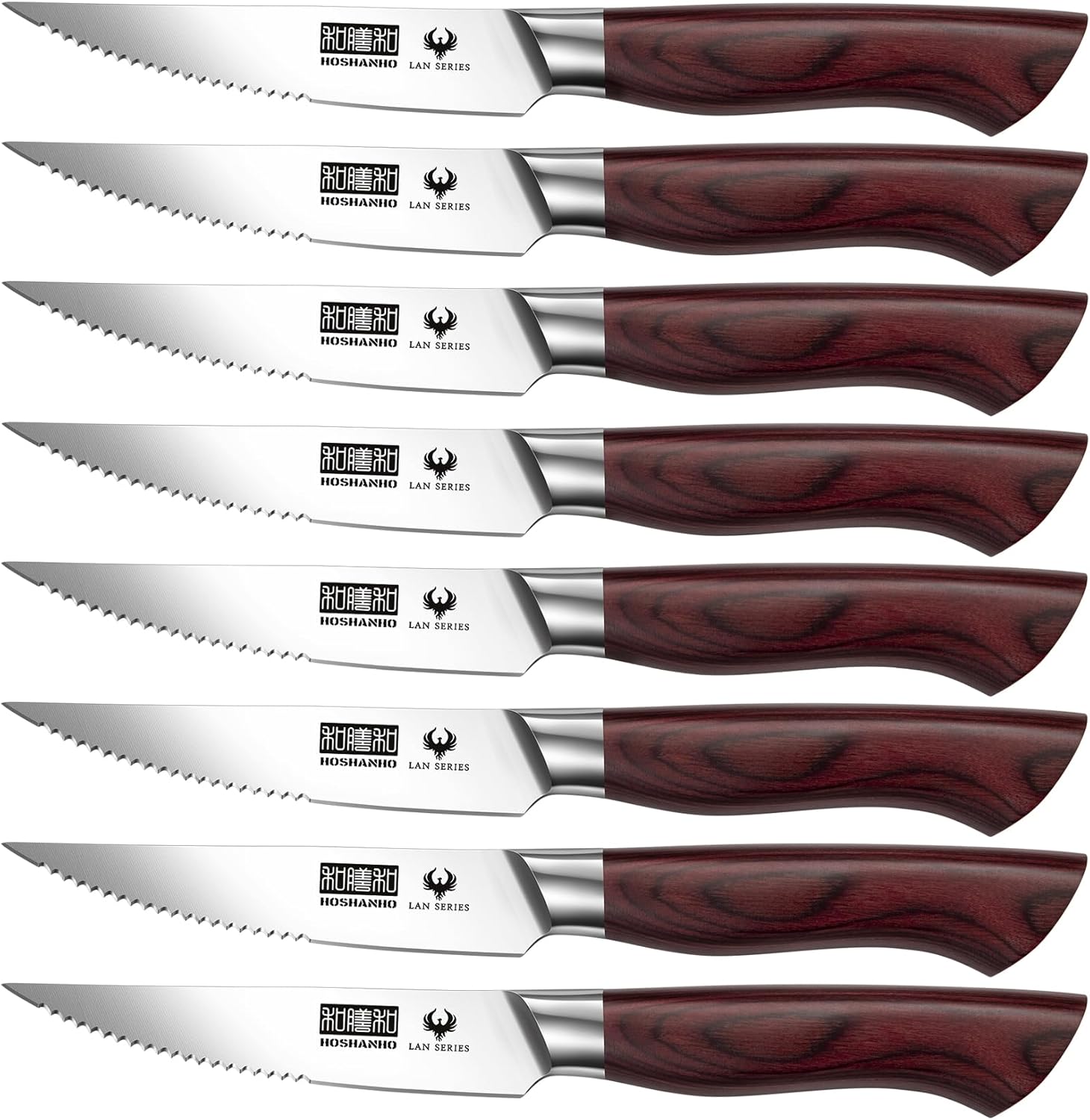 HOSHANHO Steak Knife Set 8 Pieces, 4.5 Inch Super Sharp High Carbon Stainless Steel Steak Knife Set, Professional Premium Serrated Precise Cutting with Ergonomic Wood Handle