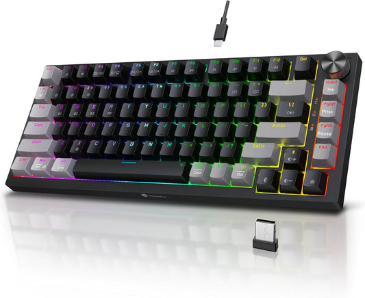KOORUI 75% Wireless RGB Gaming Keyboard,3 Mode BT\/2.4Ghz\/USB-C Hot Swappable Mechanical Keyboard,Compact 82 Keys Gaming Keyboard with 4000mAh Battery & Dedicated Knob Control,Clicky Blue Switch
