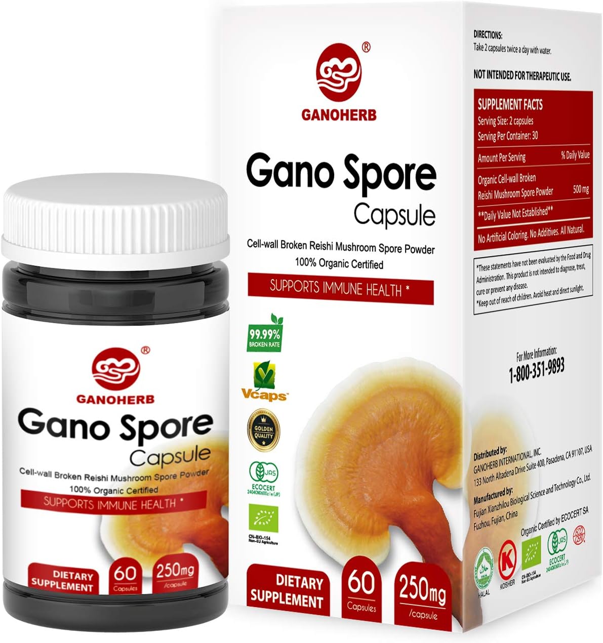 GANOHERB Organic Reishi Mushroom Capsules with 100% Ganoderma Lucidum Reishi Spore Powder for Boost Immune System, Vegan, All Natural, Non-GMO & Gluten Free, 60 Veggie Capsules