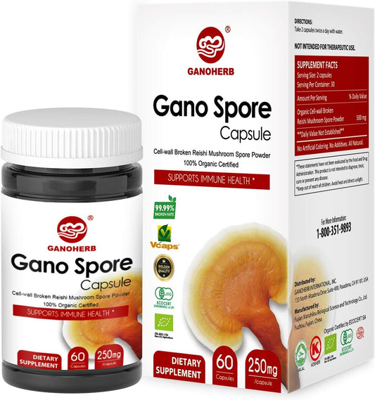 GANOHERB Organic Reishi Mushroom Capsules with 100% Ganoderma Lucidum Reishi Spore Powder for Boost Immune System, Vegan, All Natural, Non-GMO & Gluten Free, 60 Veggie Capsules