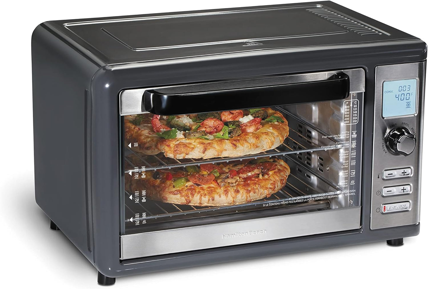 Hamilton Beach Countertop Digital Air Fryer Oven with Sure-Crisp, 6-in-1 Functionality, 150-450⁰F Temp Range, 1800W, XL Capacity for 2 12” Pizzas, Two 9” x 13” Pans and 4 Rack Positions, Grey (31390)