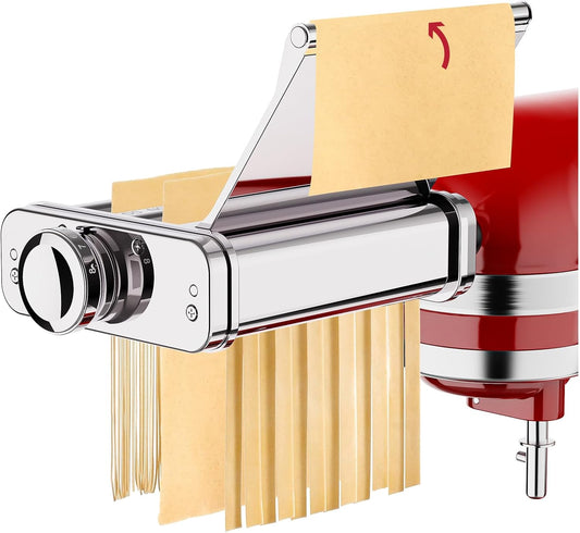 Stainless Steel Pasta Maker Attachment for KitchenAid Stand Mixer, 3 in 1 Pasta Maker with Auto Conveying Roller Plate Includes Pasta Roller Spaghetti & Fettuccine Cutter