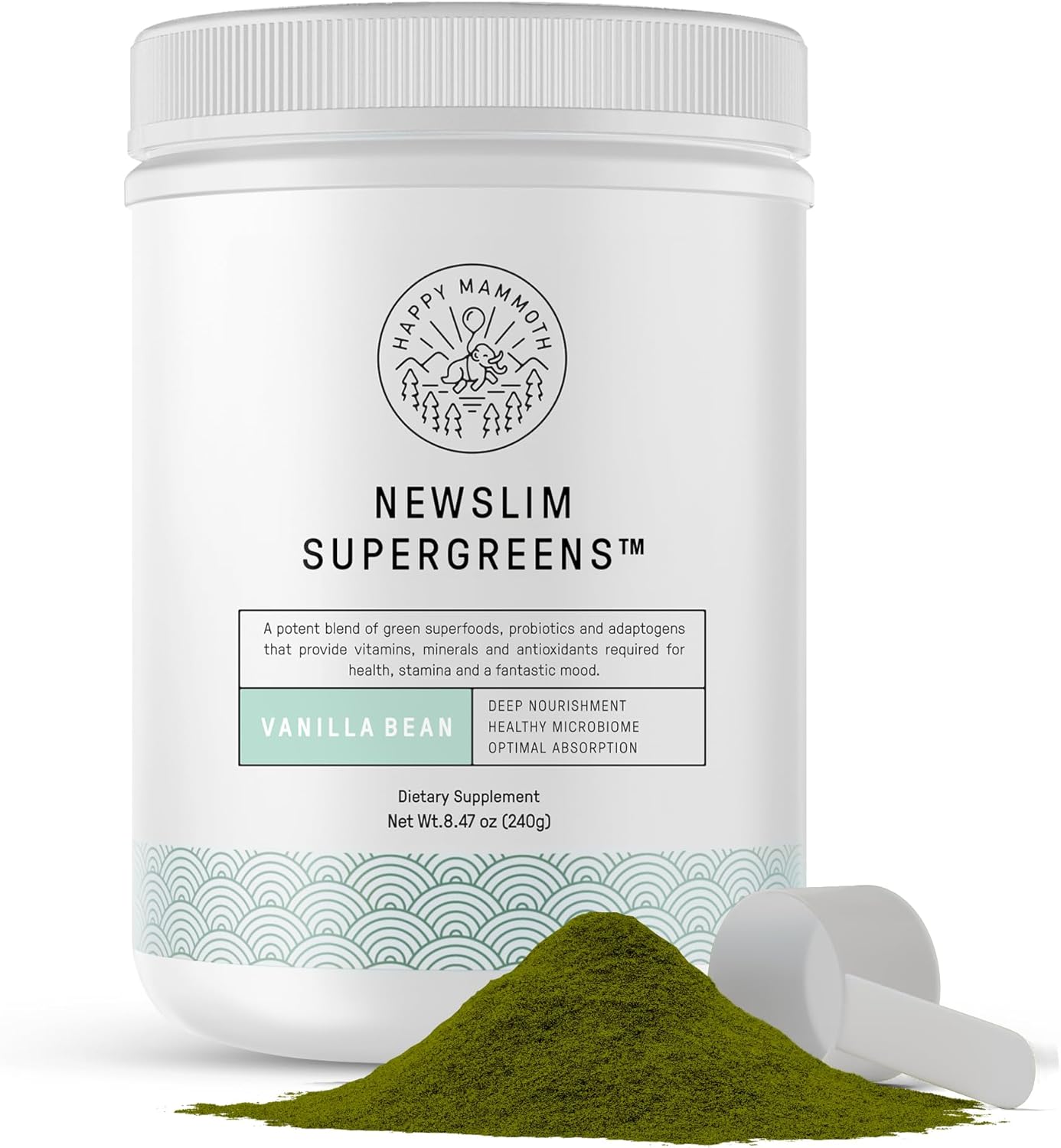 Happy Mammoth NewSlim SuperGreens with Spirulina, Chlorella & Prebiotics Blend for Adults, Supports Metabolism, Energy & Reduces Carb Cravings, 24 Servings, Vanilla Flavor