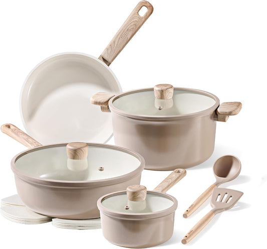 CAROTE 12Pcs Ceramic Pots and Pans Set Non Stick, Healthy Cookware Set, PFAS\/PFOA Free, Kitchen Cooking Set with Frying Pans, Taupe