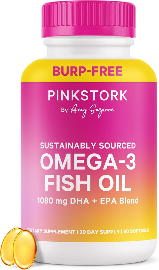 Pink Stork Omega 3 Fish Oil Supplements for Women with DHA and EPA - High Potency Burpless Omega-3 Supplement for Cognitive Health - 60 Softgels