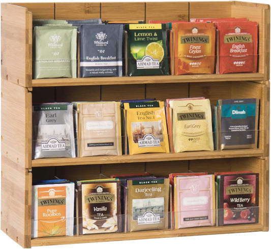 X-cosrack Bamboo Tea Bag Organizer Storage Box, 3 Tier Stackable Tea Bag Box Natural Wood, Wall Mount Tea Chests with Acrylic for tea bags Office Kitchen Cabinet Pantry