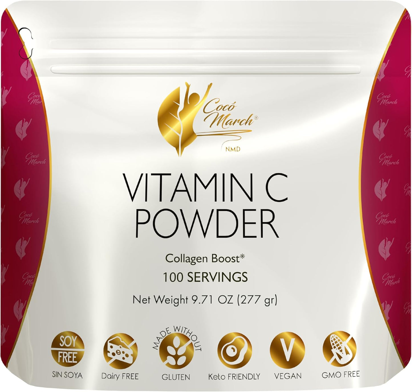 Cocó March N.M.D 1000 mg Vitamin C Powder- for Collagen Production & Immune Support, Zinc, Bromelain, Quercetin, L-Lysine - Free from: Gluten Dairy, Soy, GMOs, Vegan and Keto Friendly 10 Oz