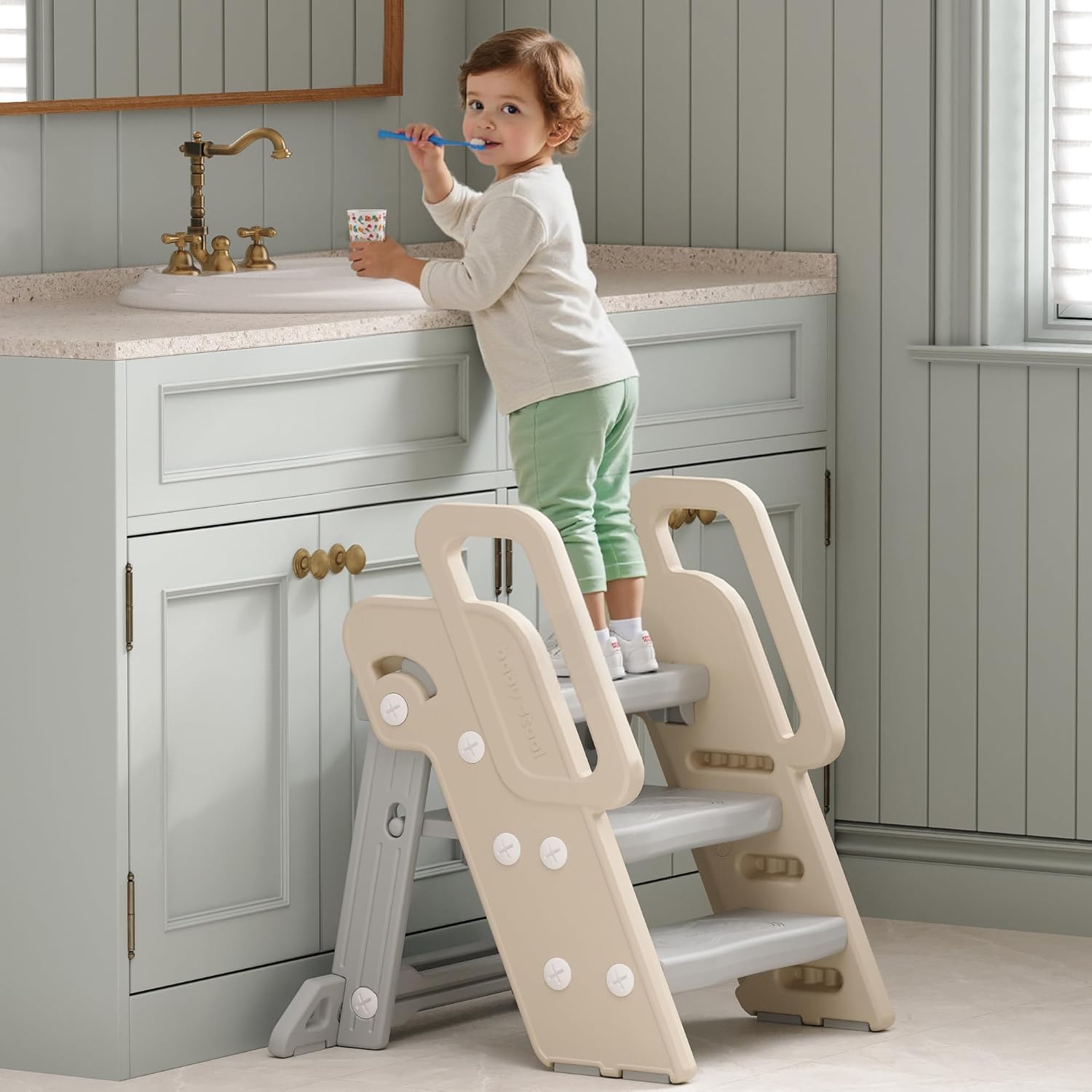 Foldable Step Stool for Bathroom Sink - Adjustable Toilet Trainer & Anti-Tip Guard - Kitchen Learning Stool with Safety Rail,Bookshelf Ladder for Toddlers with Safety Lock,Grey