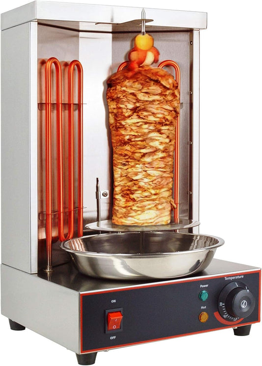 Li Bai Shawarma Machine Electric Vertical Kebab Grill Gyro Rotisserie Oven Meat Broiler with 2 Heating Tubes Stainless Steel Body 110V For Home Restaurant Kitchen（Registered Design Patent）