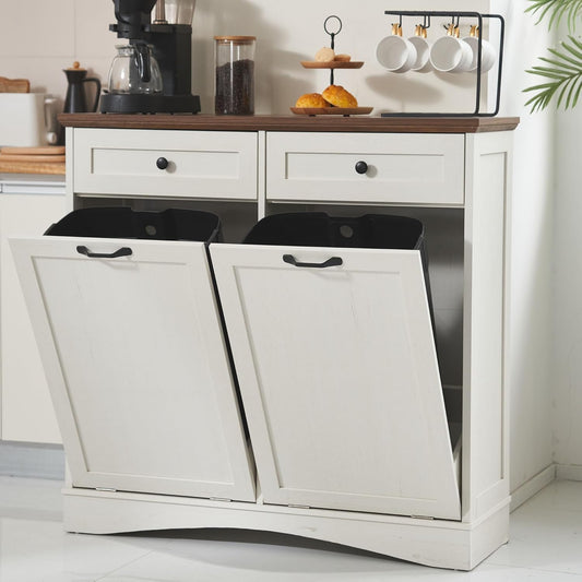 AHB Double Tilt Out Trash Can Cabinet Freestanding Kitchen Trash Can, 2x13 Gallons Hidden Garbage Recycling Cabinet with Hideaway Drawers Pet Proof Trash Can Holder for Kitchen, Antique White