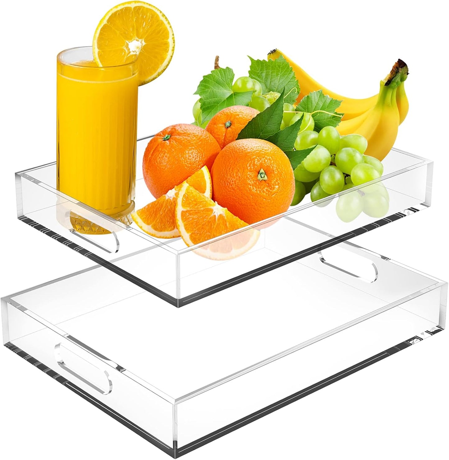 Acrylic Serving Tray Set of 2-16x12 & 15.4x11.9 Inch Clear Luxury Trays for Kitchen, Dining, Bathroom Organizer - Non-Slip, Scratch-Resistant, Spill-Proof Design - Ideal Gift for Housewarming, Parties