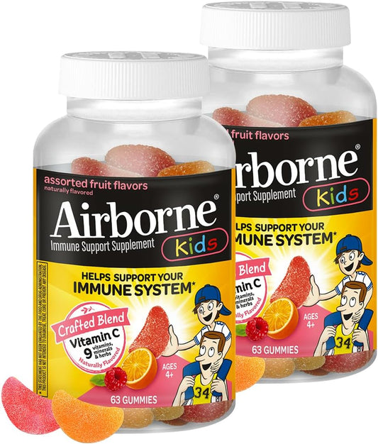 Airborne Kids 500mg Vitamin C Gummies, Kids Immune Support Zinc Gummies with Powerful Antioxidants VIT C & E - 63 Gummies, Assorted Fruit Flavor (Pack of 2)