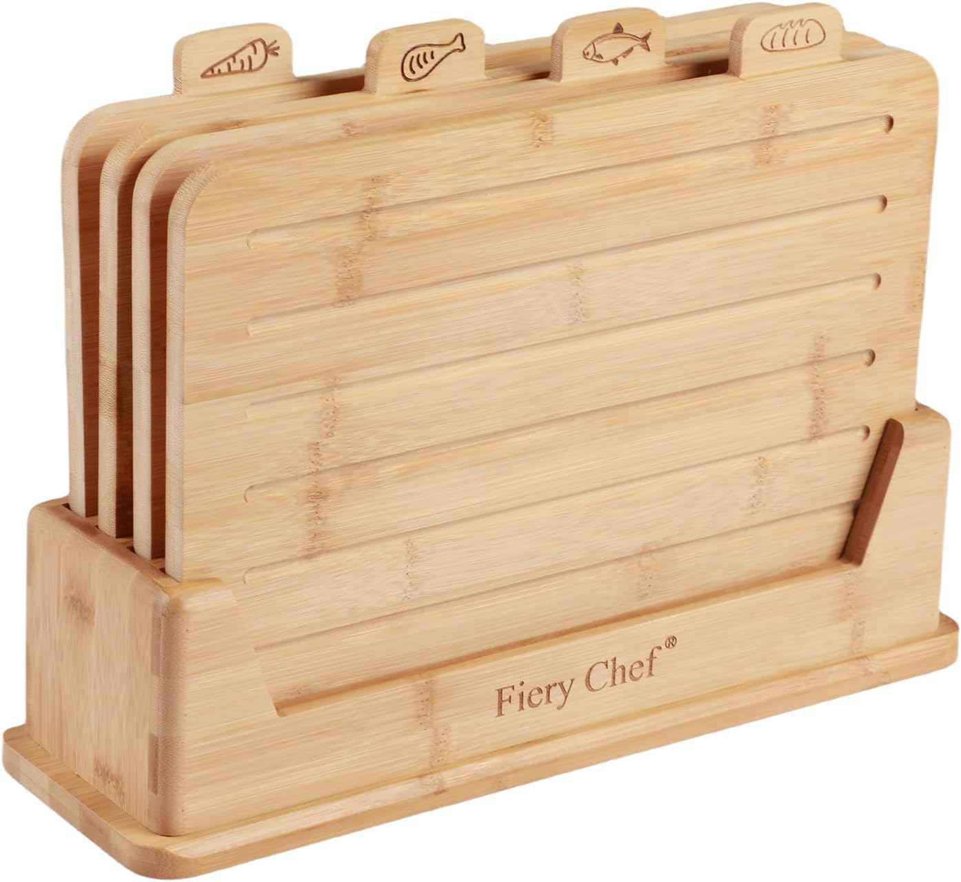 Fiery Chef 12.6"L x 9"W Bamboo Cutting Board Set of 4 - Wood Cutting Board Set with Holder, Chopping Boards Set with Food Icons, Juice Groove - Ideal for Meat, Fish, Bread, Vegetable, Fruit Chopping