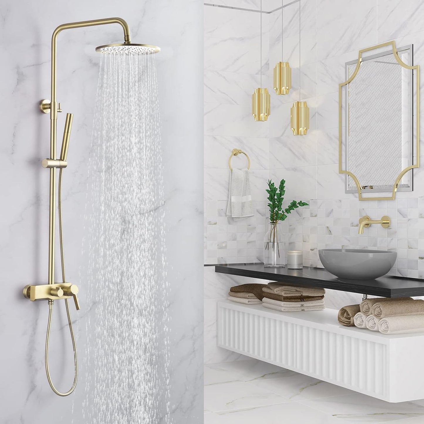 CHALIRS Brushed Gold Exposed Shower System with 2 Modes HandHeld,3 Functions Tub Shower Faucet Sets with Brass Valve, Shower Fixture with 10 Inches Rainfull Shower Head,Shower Height Adjustable