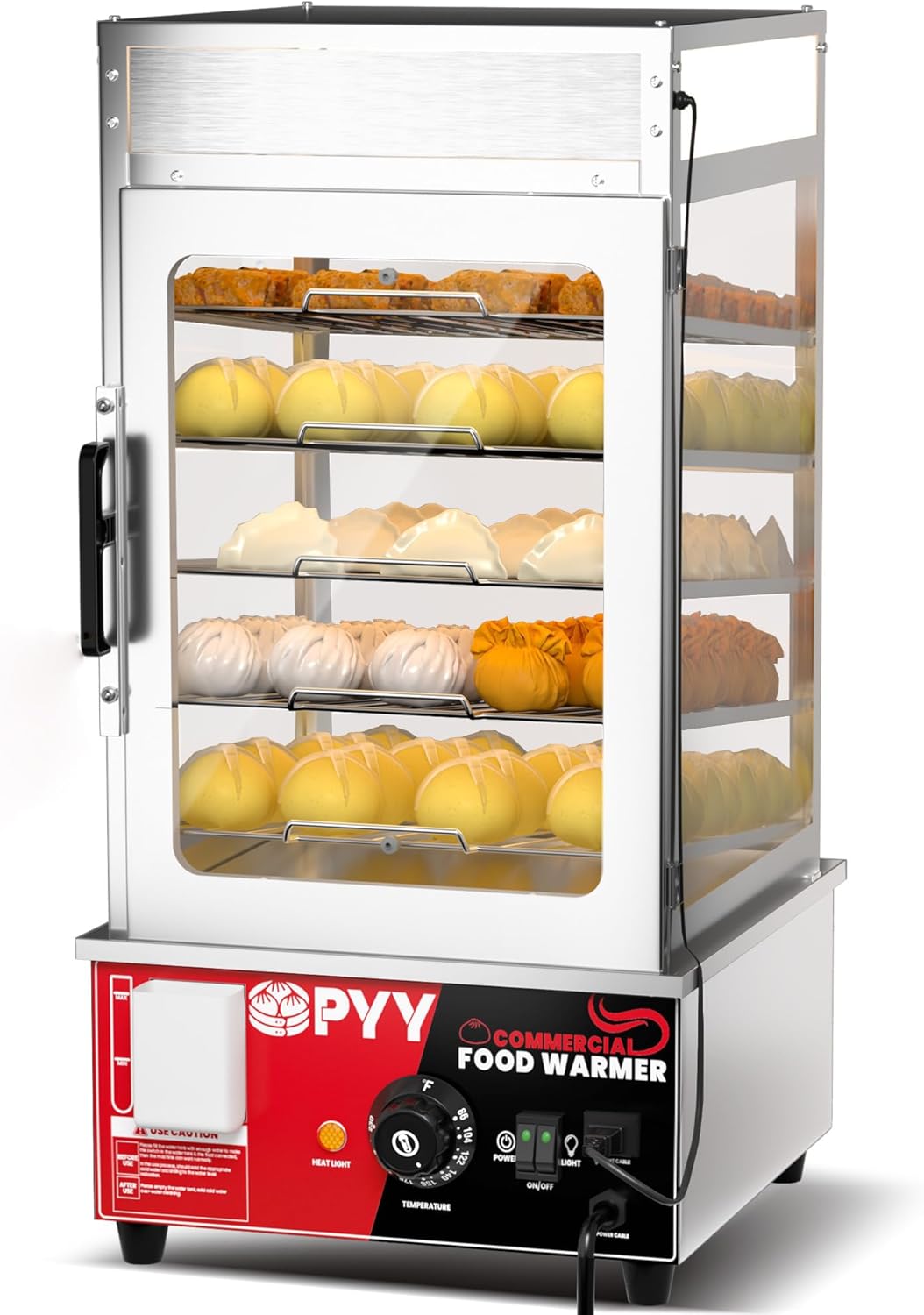 PYY Bun Steamer Electric Food Display - Upgrade Automatic Temperature Control 5 Layers Display Stainless Steel Commercial Bun Steamer For Kiosk, 1200W/110V