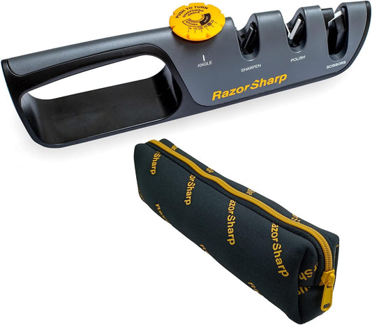 RazorSharp™ Knife Sharpener With Adjustable Angle Guide — Diamond-Coated Ceramic Sharpening Stones for All Knives Including Precision Kitchen, Professional, Chef's Knives — Non-Slip Rubber Edge Grip