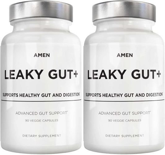 Amen Leaky Gut Supplement - Advanced Formula with Bioavailable L Glutamine, Zinc, Turmeric, DGL Licorice Root - Marshmallow Root - Probiotics & Fermented Prebiotics - Vegan, Non-GMO - 2-Pack