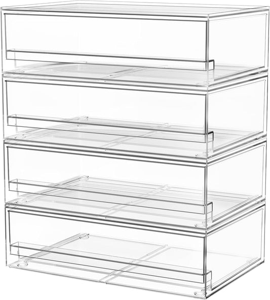 A-LuGei 【𝟰𝗣𝗖𝗦】 Acrylic Stackable Storage Drawers, 11.8" W Makeup Organizer, Bathroom Organizer and Storage, Plastic Storage Bins for Kitchen Cabinet Pantry Medicine Fridge