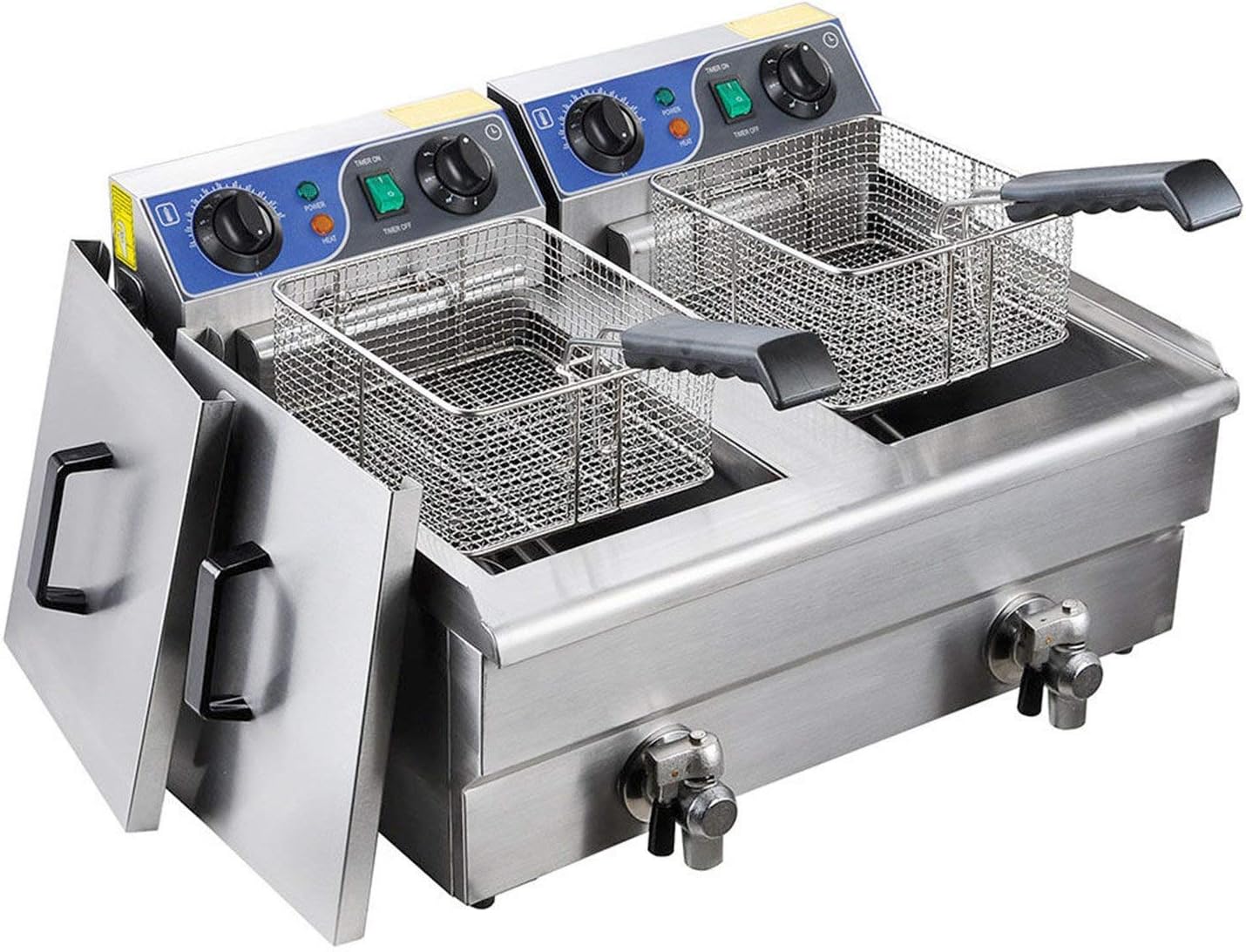 Stainless Steel Commercial Electric Deep Fat Fryer with Drain and Basket (20L, Silver Double Tank)