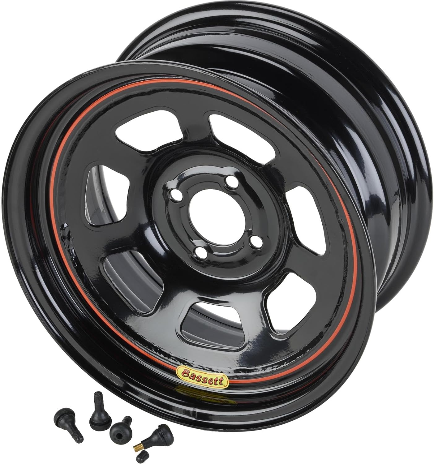 Bassett 15X7 DOT D-Hole 4x100 mm 4" BS Black Wheel w/Valve Stems
