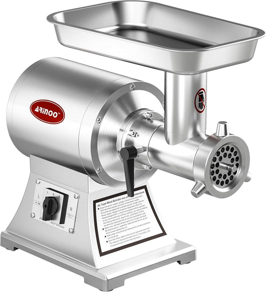 ARINOO Commercial Meat Grinder #22C, 0.9HP Heavy Duty Stainless Steel Industrial Meat Mincer w\/2 Blades & Meat Pusher,Electric Meat Grinders for large batches home butchering, or small farm processing
