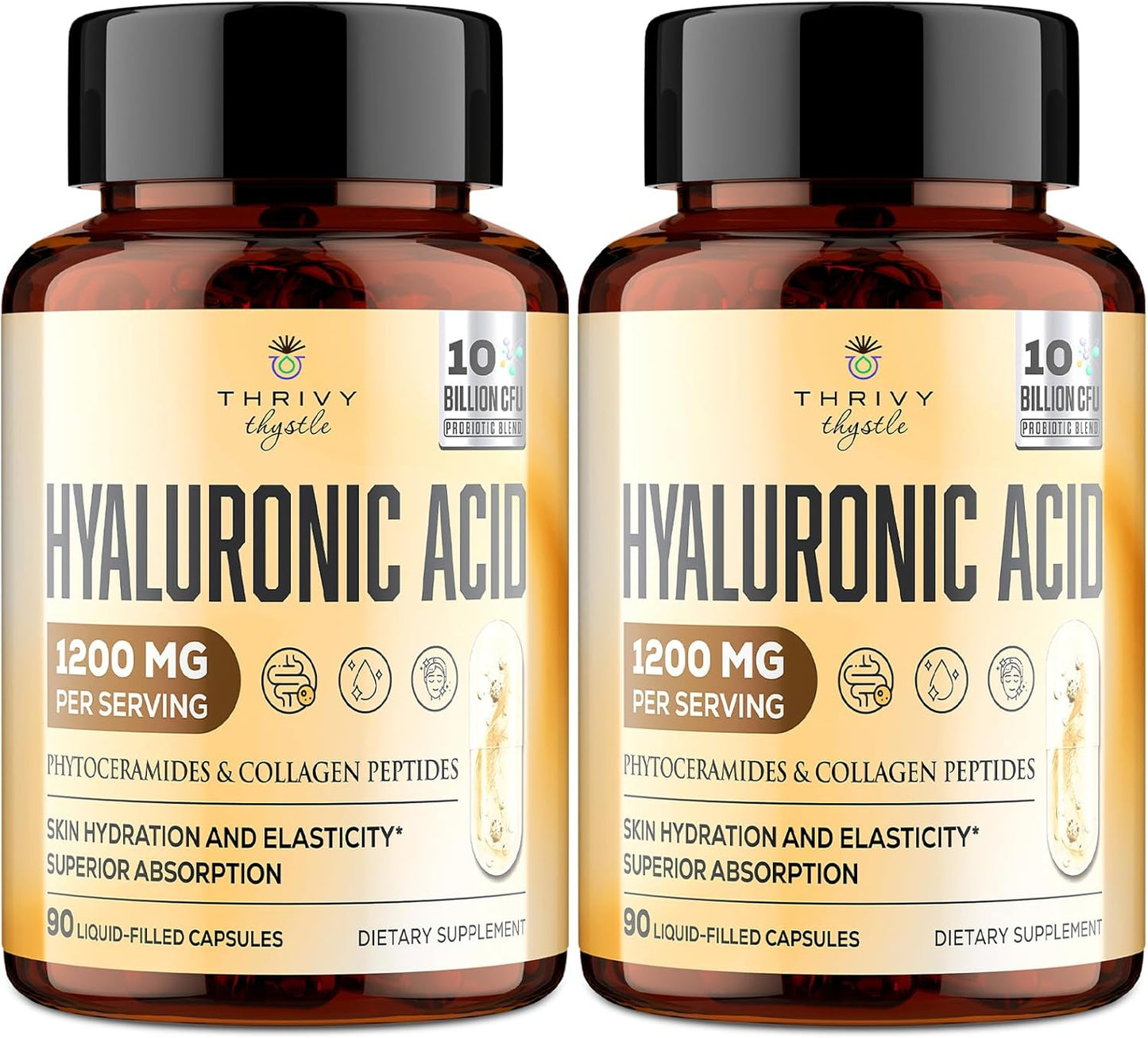 ThrivyThystle 19-in-1 Hyaluronic Acid Capsules - Hylunaric Acid 1200 mg, with Collagen Peptides, Vitamin C, Phytoceramides - for Skin, Eyes, Gastrointestinal, Bones Support (2 Pack)