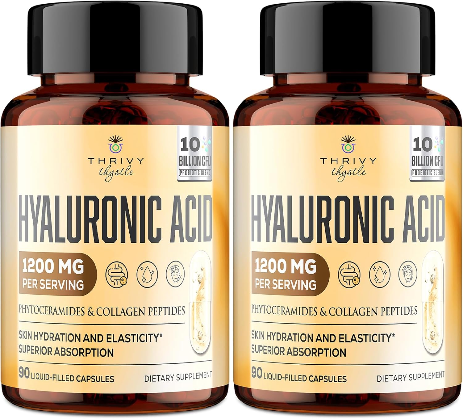 ThrivyThystle 19-in-1 Hyaluronic Acid Capsules - Hylunaric Acid 1200 mg, with Collagen Peptides, Vitamin C, Phytoceramides - for Skin, Eyes, Gastrointestinal, Bones Support (2 Pack)