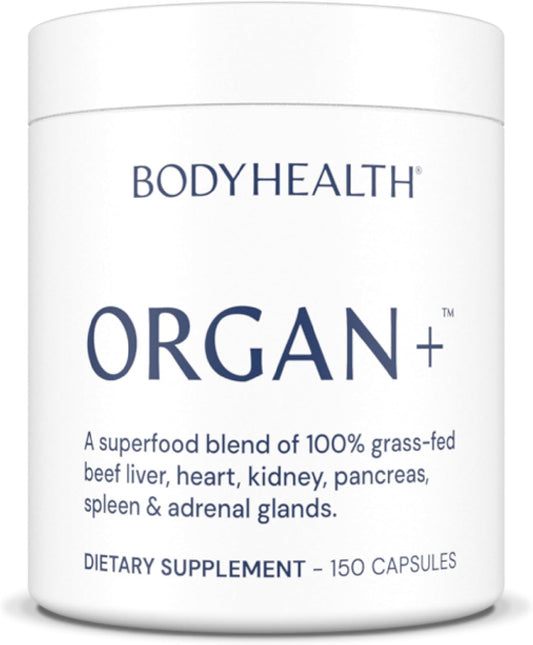 BodyHealth Organ+ Grass-Fed Glandular Organ Complex, Grassfed Beef Organ Supplement, Dessicated Beef Liver, Heart, Kidney, Pancreas, Spleen, Non GMO, Adrenal, Supplement, (150 Capsules)
