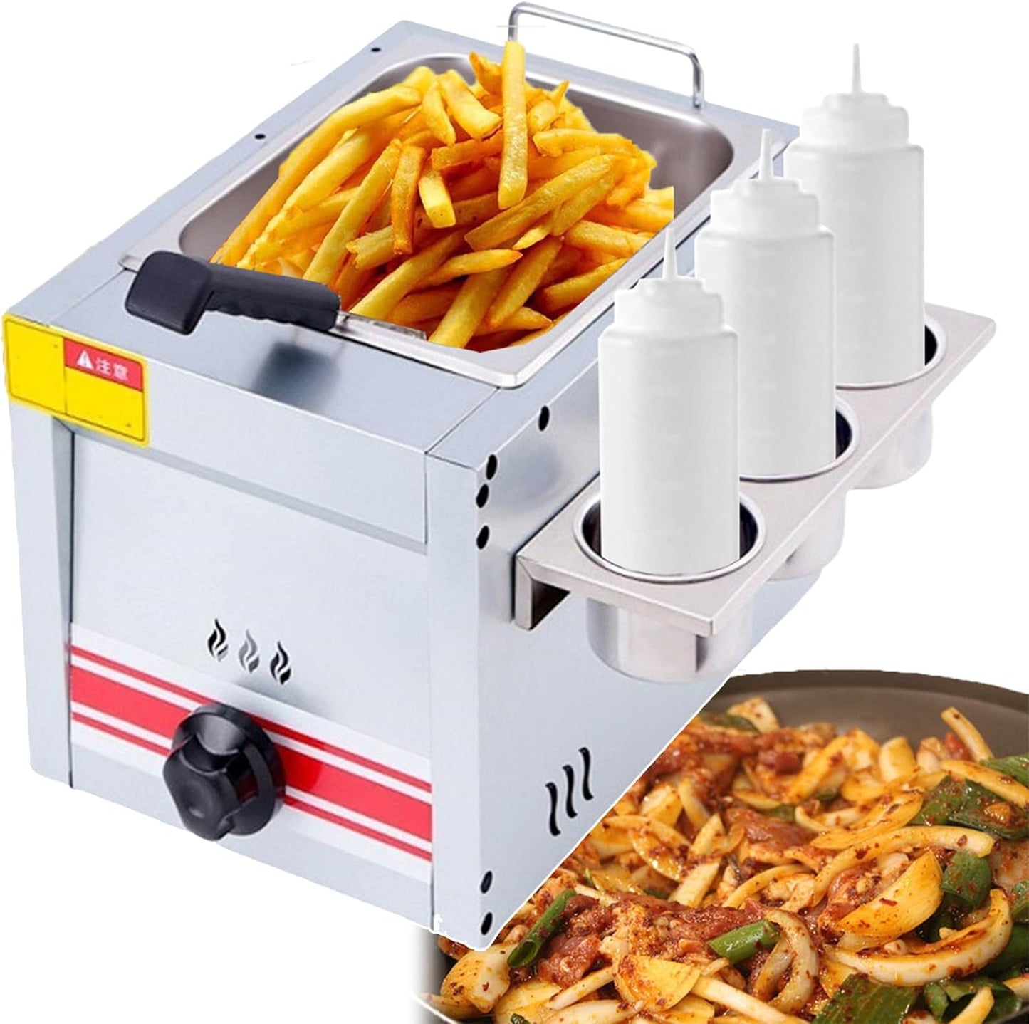 10L Stainless Steel Deep Fryer, Commercial Single Tank Fryer Kitchen Appliances for Commercial, Countertop Gas Fryer with Oil Basket and Seasoning Tank, Temperature Adjustable
