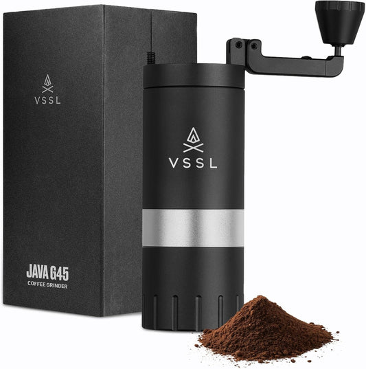 VSSL Java G45 Manual Coffee Grinder | Coffee for Camping | Bean Grinder | Travel Pour Over | Stainless Steel Conical Burr | ~ 45 Gram Capacity | Extendable Grind Handle | 50 Grind Settings | Black