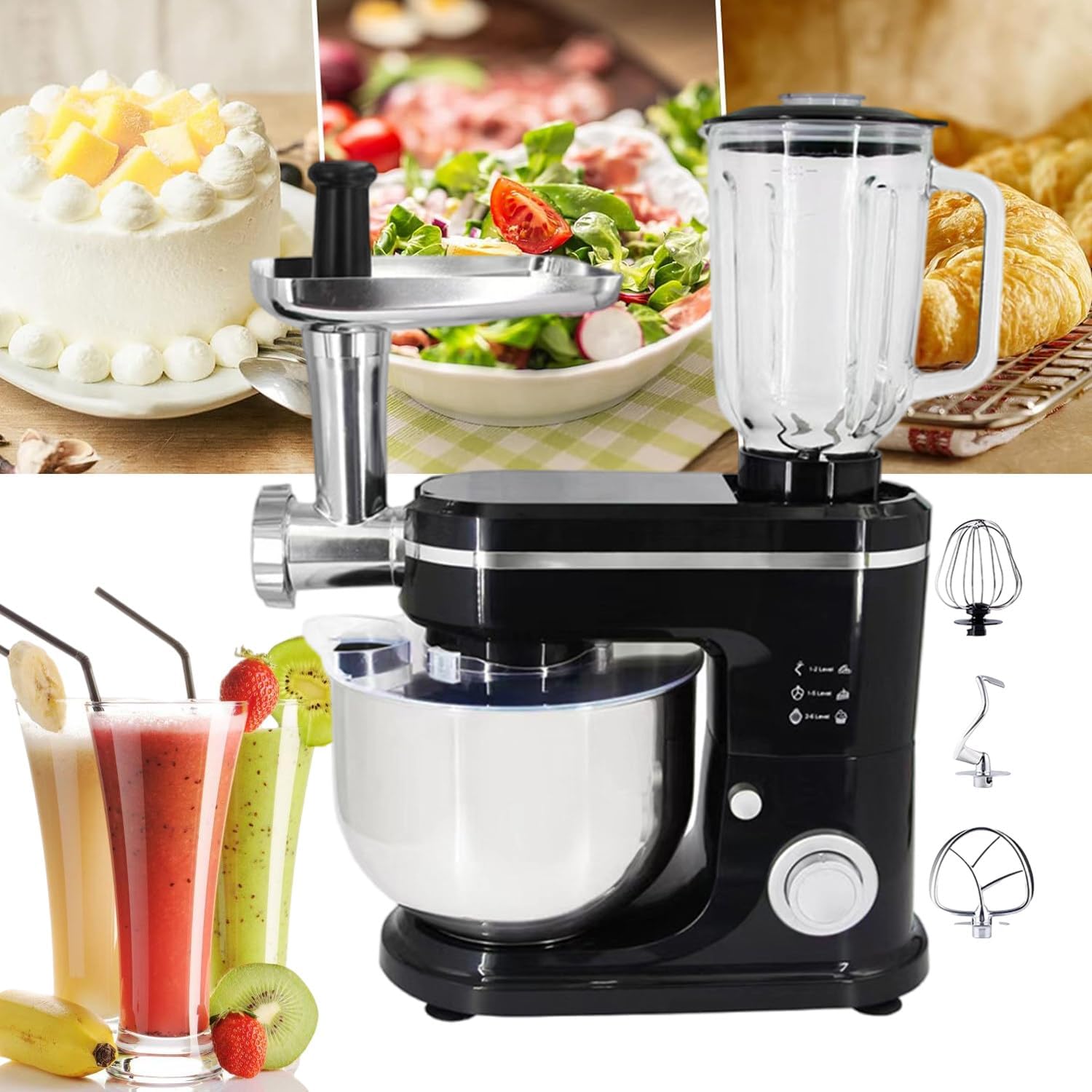 1500W 3-in-1 Food Processor with 7-Speed Mixer, Meat Grinder, Juicer, and 6L Stainless Steel Bowl for Efficient Kneading and Dough Making,Black