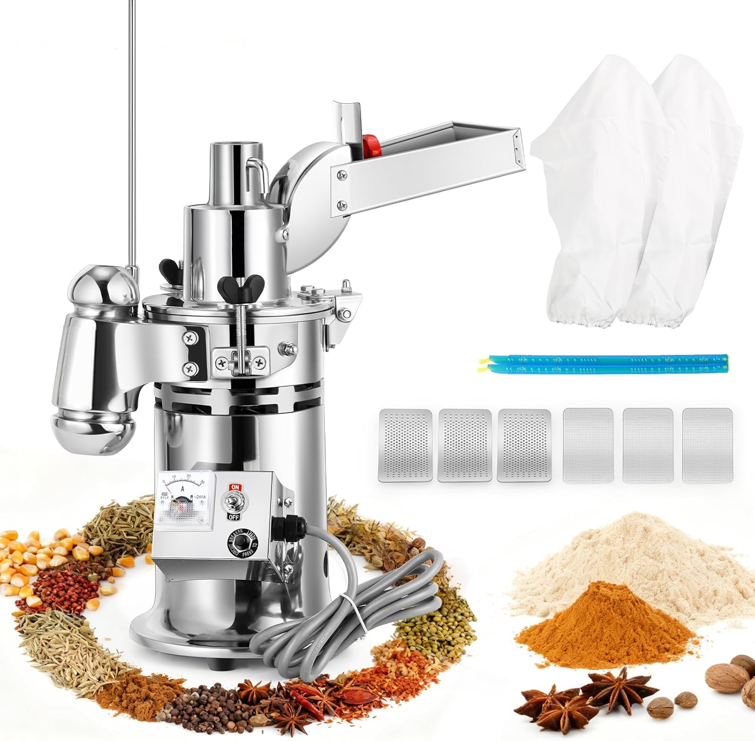 Moongiantgo Hammer Mill Grinder Commercial Herb Grinder 1200W Continuous Feeding, 6.6-33 Lbs\/H Grinding Capacity, with 6 Sieve Meshes, Pulverizer for Dry Herb Grain Spice Corn Nutmeg, 110V (DF-15)