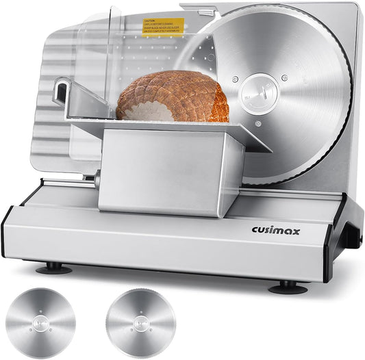 Meat Slicer,CUSIMAX Electric Deli Meat Slicer with 2 Removable 8.7''Stainless Steel Blades,Removable Food Carriage,1-20mm Adjustable Thickness Food Slicer for Home,Easy for Cut Meat,Cheese,Bread