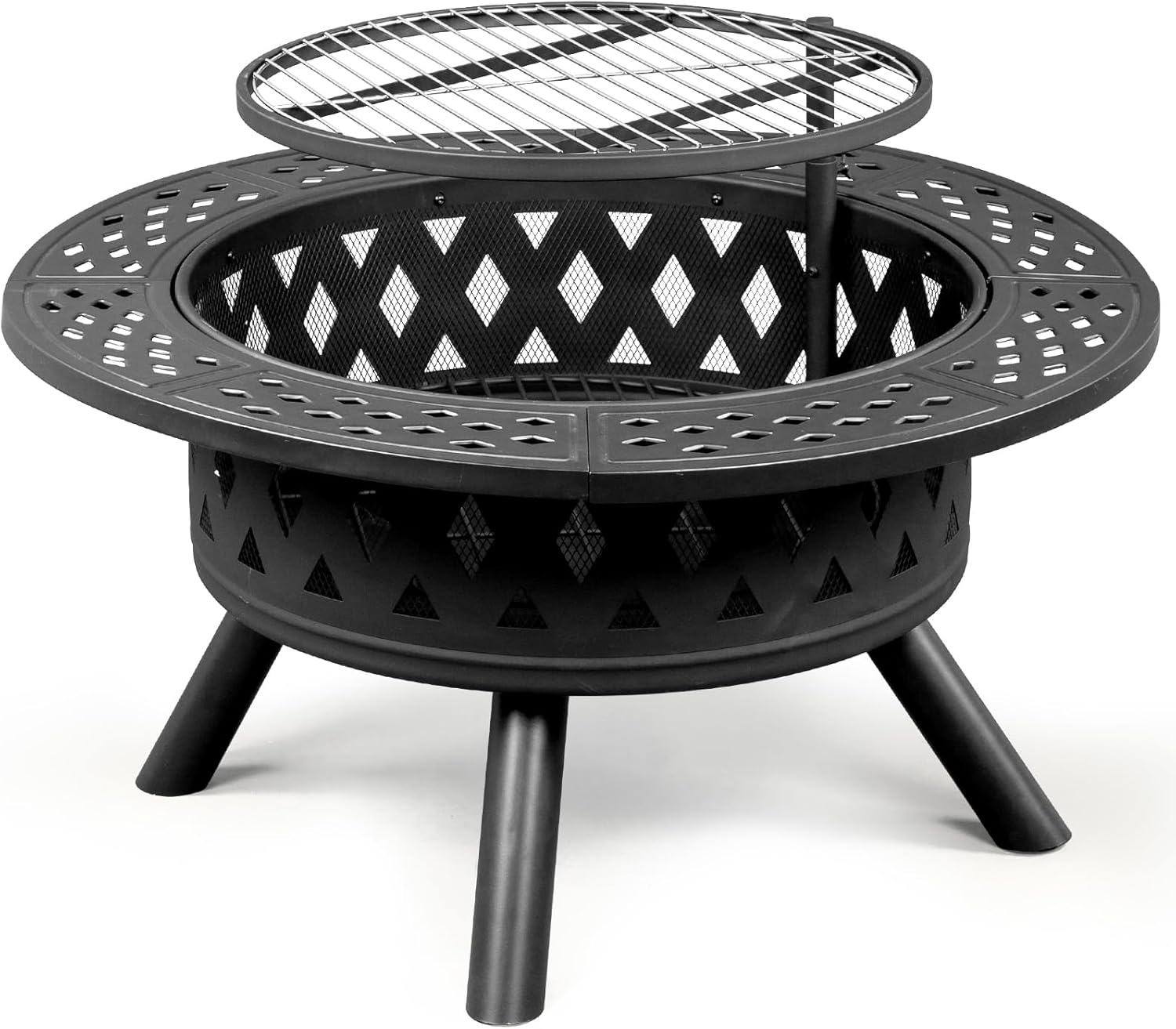 Black 2 in 1 Fire Pit with Removable Swivel Grill, Large 30 Inch Outdoor Firepit, Steel Fire Bowl Cooking Grate, Backyard Bonfire Patio Outside Picnic BBQ
