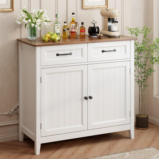 Gizoon Kitchen Sideboard Buffet Cabinet, 32'' H Large Kitchen Storage Island and Adjustable Shelf, Modern Coffee Bar Console Cabinet for Dining Room, Bathroom, Entryway, Retro