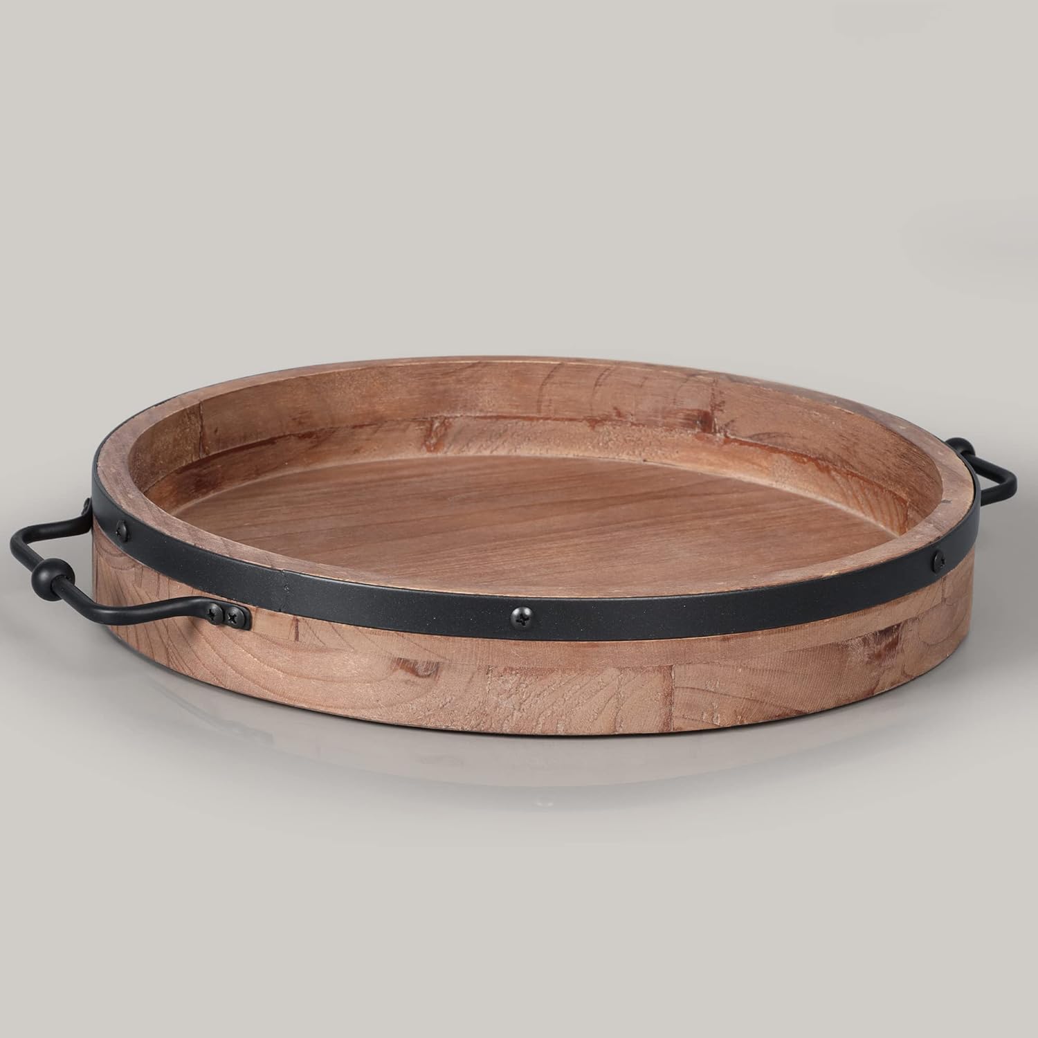 Round Coffee Table Tray - 13'' Farmhouse Wood Serving Tray with Metal Handles - Round Decorative Trays for Coffee Table - Wooden Circle Trays for Kitchen Counter