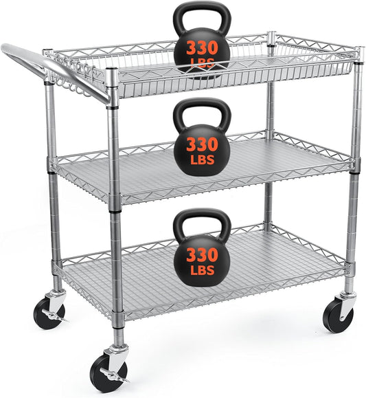 BolDuck Heavy Duty Utility Cart, 990Lbs Capacity 3 Tier Rolling Carts with Wheels, Kitchen Cart on Wheels with Storage, Commercial Grade Metal Serving Carts with Wire Shelving &Handle Bar, Silver