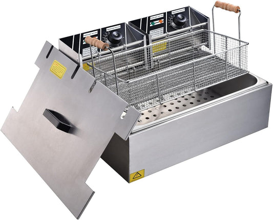 Ampersand Shops Countertop Commercial Electric 20L Deep-Fryer with Dual Electric Heads for French Fries Corn Dogs Fried Chicken Restaurant Quality