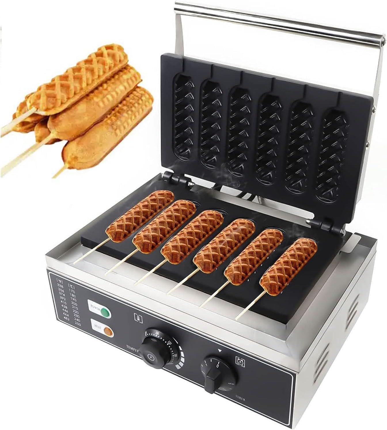 1550W Commercial Electric Corn Hot Dog Machine, 6Pcs Waffle Stick Maker, Temperature Range 50-300 ℃ Timer 0-5 Min, Perfect for Baking Delicious Waffles