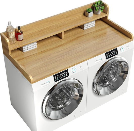 Corbyles 2-Tier Washer Dryer Countertop with 2.75" H Edge Rails, 58" W x 28" D Laundry Countertop for Folding Clothes, Washer and Dryer Topper with Non-Slip Pad (Pure Wood Color)