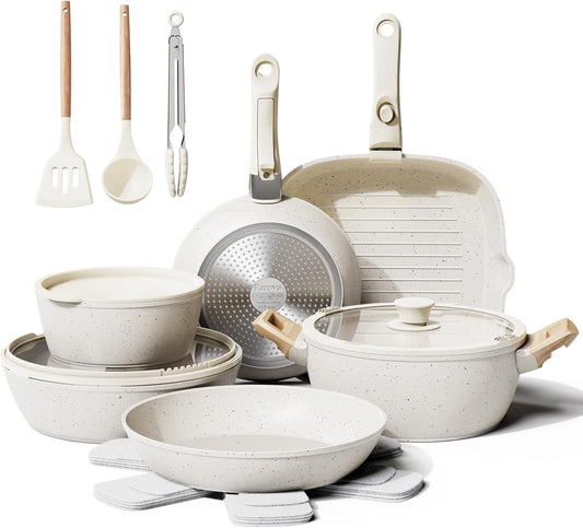 Bazova 19 Pcs Pots and Pans Set Non Stick Ceramic Cookware Set with Removable Handles, Non Toxic Induction Kitchen Cookware Sets RV Cookware,Dishwasher\/Oven Safe PFAS\/PTFE\/PFOA Free Cream White