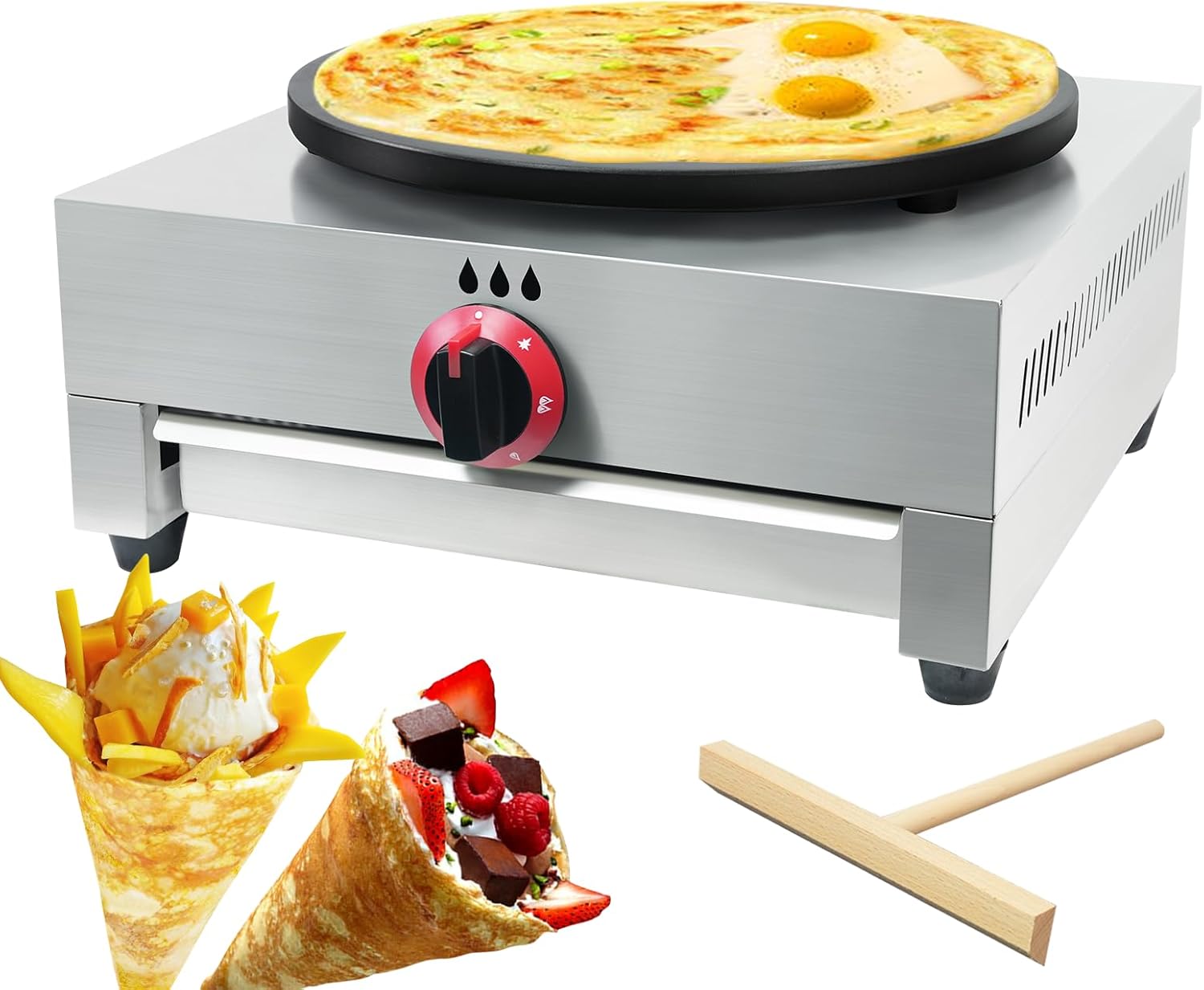 Commercial Gas Crepe Maker 16-Inch Crepe Machine Adjustable Temperature Control Nonstick Stainless Steel Pancake Griddle Machine for Kitchen
