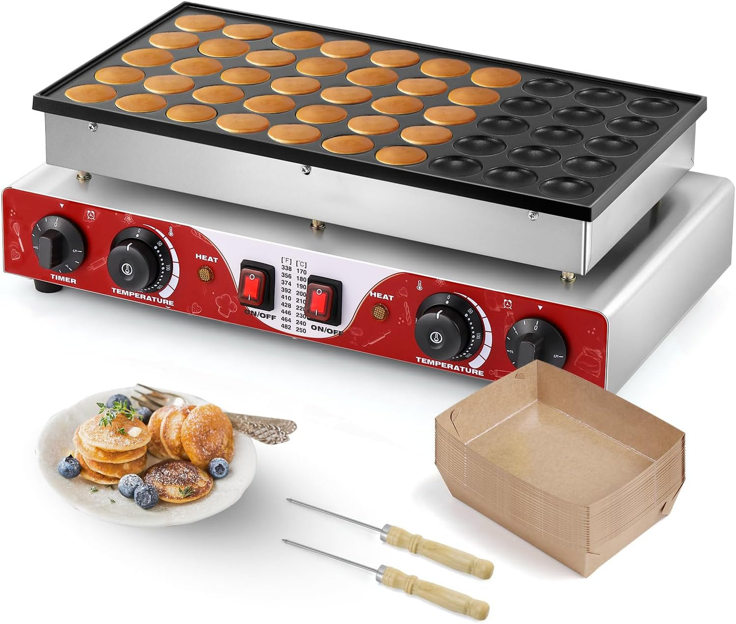 Moongiantgo Mini Dutch Pancake Maker 50PCS, Commercial Non-stick Pancake Baker Machine 50-300℃ Temp and 0-5 Time Control Electric Muffin Maker Stainless Steel for Restaurants, 110V (Red)