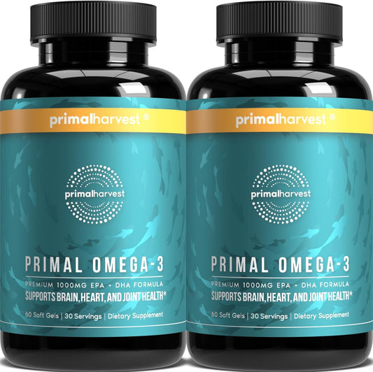 Primal Harvest Omega 3 Fish Oil Supplements, 30 Servings Soft Gels Capsules w\/ 1000mg EPA + DHA Supplements, No Fishy Burps Non-GMO Omega 3 Fatty Acid, 2 Pack
