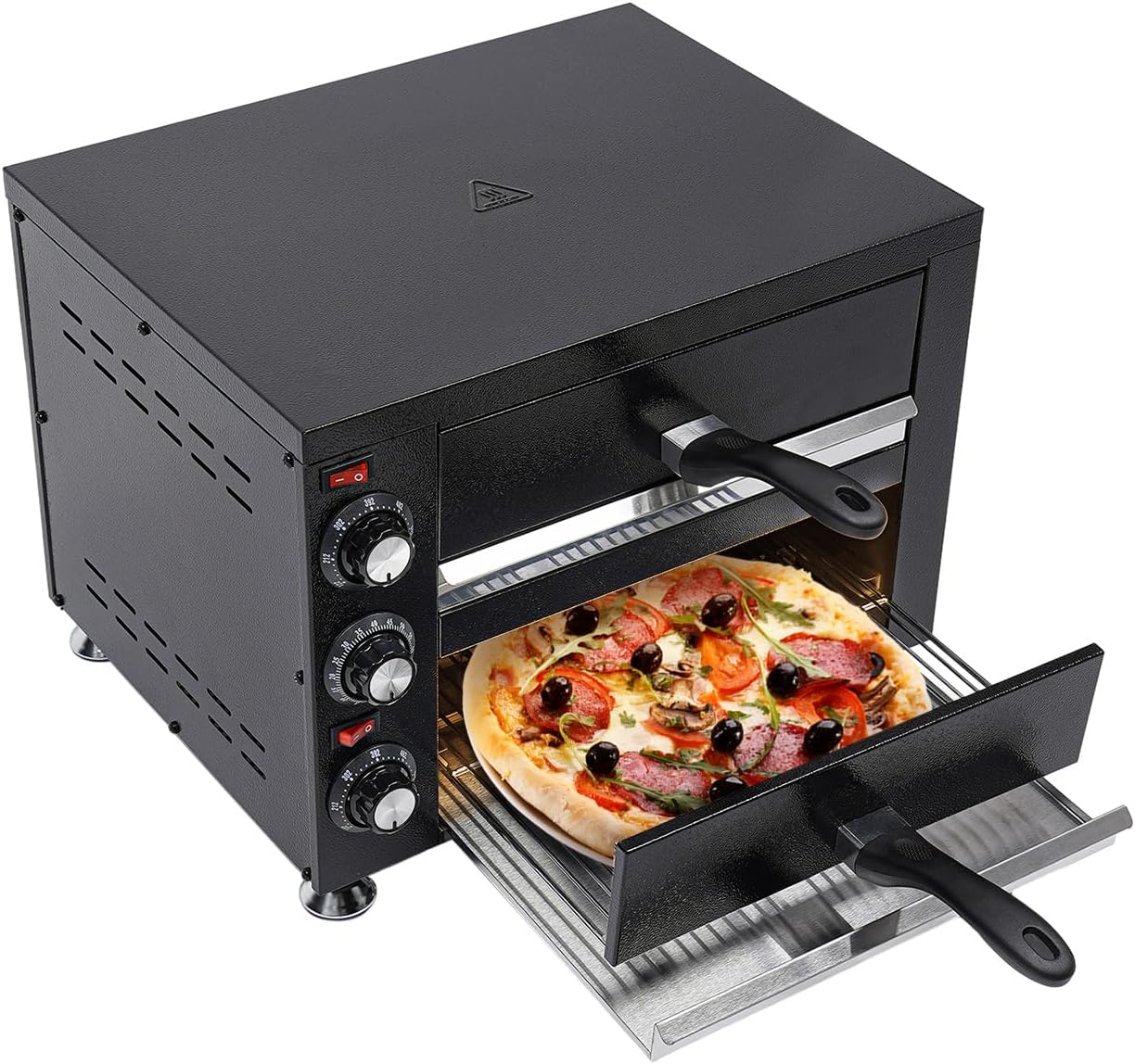 2200W 2 Tiers Electric Pizza Baking Oven, Two Independent Temperature Control Knobs Commercial Pizza Oven Countertop Convection Oven Countertop Electric Pizza and Snack Oven for Restaurant Home