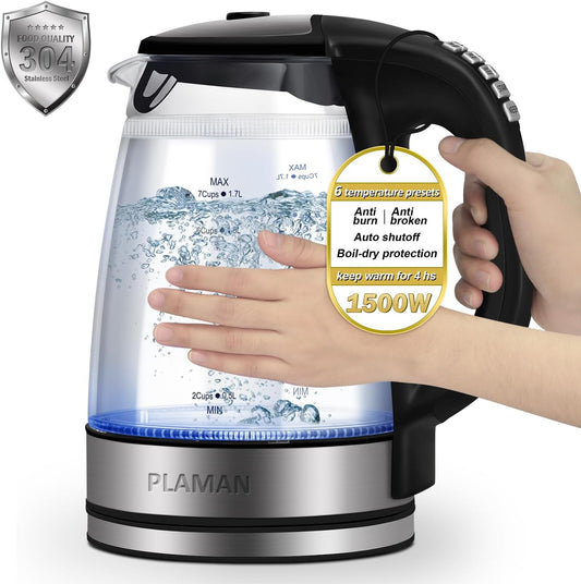1500W Electric Kettle with Temperature Control - 6-Temp Presets for Tea\/Coffee, Double Wall Cool-Touch, 4H Keep Warm, 1.7L Borosilicate Glass & BPA-Free, Fast Boil for Home\/Office